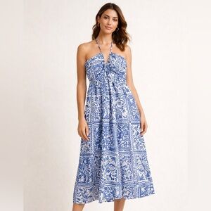 Japna Blue White Halter Midi Dress Cotton Mediterranean Print Size M